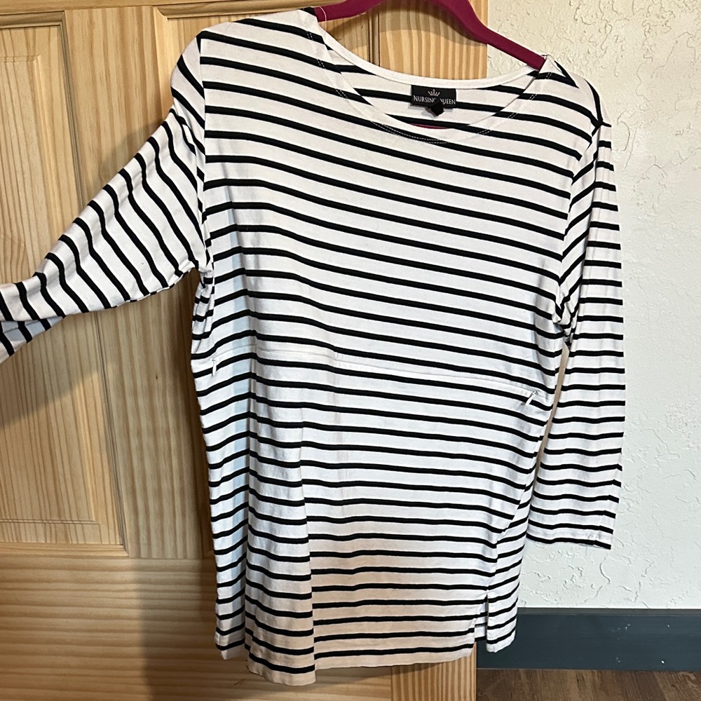 Nursing Queen Black and White Striped Long Sleeve Top